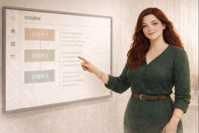 Woman standing in front of white board showing planning the system of sharing content